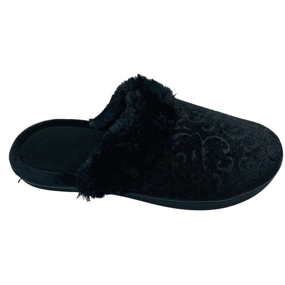 Isotoner Womens Slide Slippers Size L/9 Black Faux Fur Rose Pattern Memory Foam - Picture 11 of 11